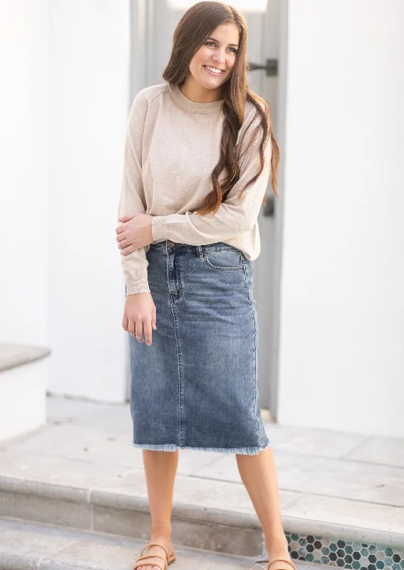 Distressed denim skirts for an edgy styleDrew Vintage Wash Raw Hem Midi Denim Skirt - FINAL SALE