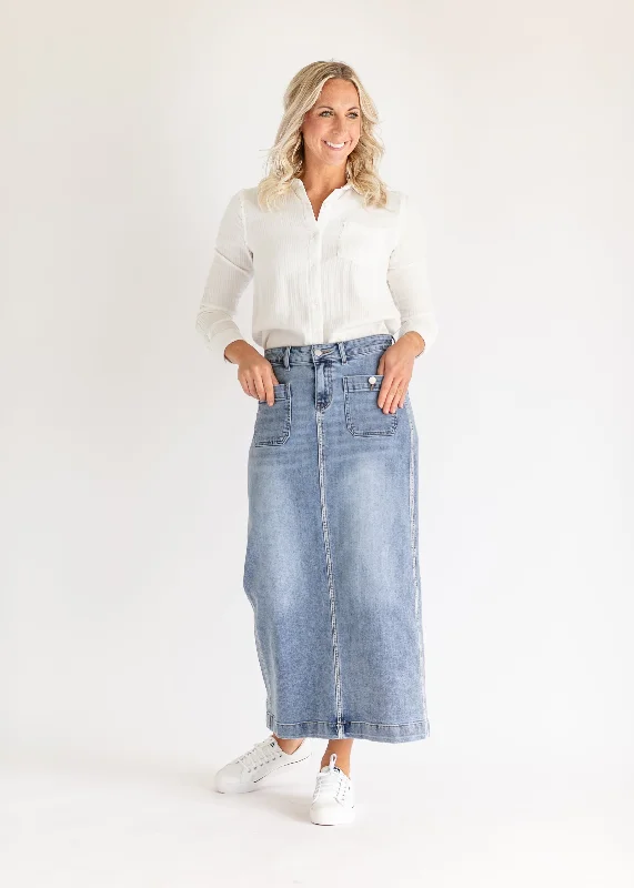 Denim skirts with graphic tees for a fun outfitElin Front Pocket Maxi Skirt