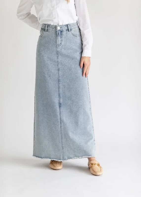 Denim skirts with cardigans for a soft and feminine lookElisha Light Wash Long Denim Skirt