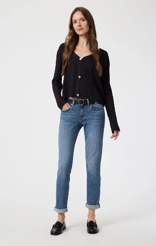Long - Sleeve Denim Top for Cold Weather LayeringEMMA SLIM BOYFRIEND IN MID SHADED FLEX BLUE