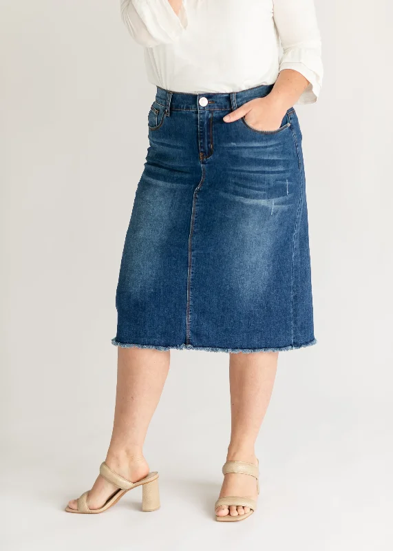 Maternity denim skirts for expecting mothersEva Raw Hem Stitched Midi Skirt - FINAL SALE