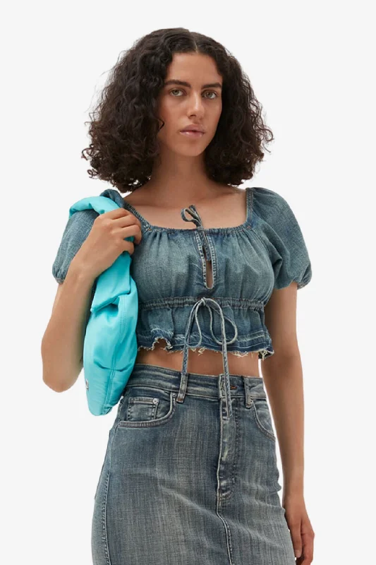 Patchwork Denim Top with a Unique and Artistic AppealTint Edge Denim Puff Sleeve Top - Tint Wash