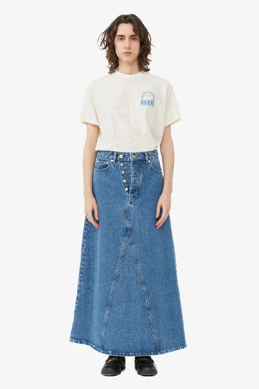 Denim Top for a Music Festival with a Rock - n - Roll VibeMid Blue Stone Overdyed Cutline Denim Double Fly Maxi Skirt