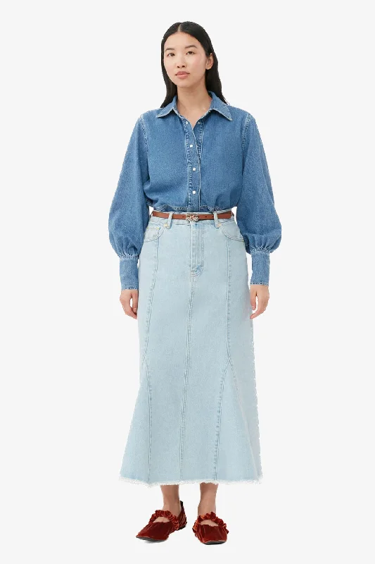 Fringed Denim Top with a Bohemian FlairLight Blue Stone Bleach Denim Peplum Midi Skirt