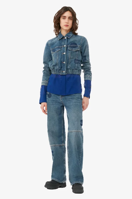 Long - Sleeve Denim Top for Cold Weather LayeringWash Patch Denim Bomber Jacket
