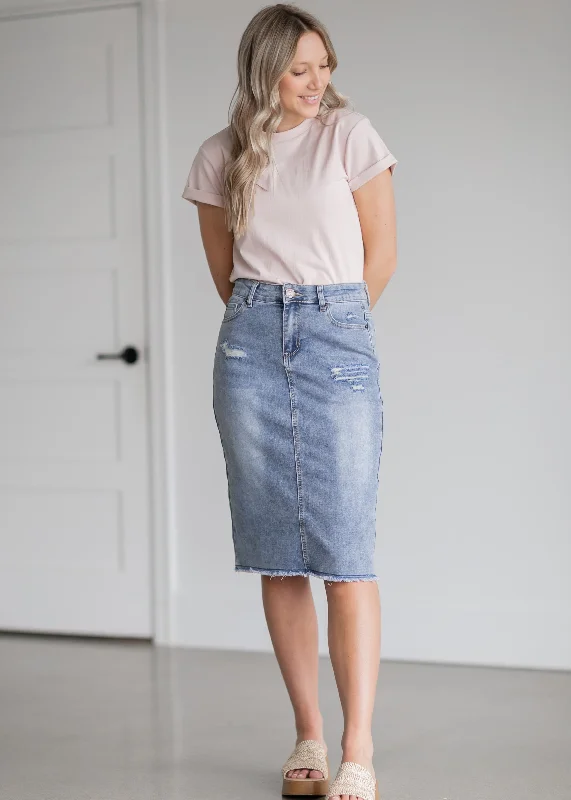 Embroidered denim skirts with floral designsHadley High Rise Denim Midi Skirt - FINAL SALE