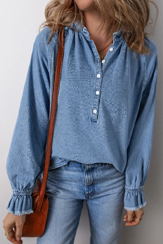 Long - Sleeve Denim Top for Cold Weather LayeringHalf Button Long Sleeve Denim Top
