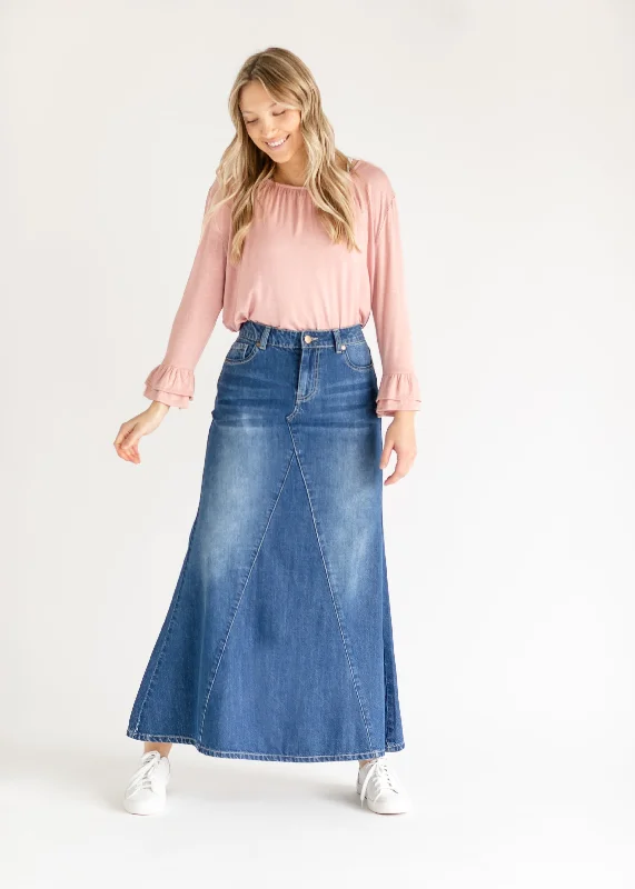 Denim skirts with wide - brimmed hats for a fashionable touchJennifer A-Line Long Denim Skirt