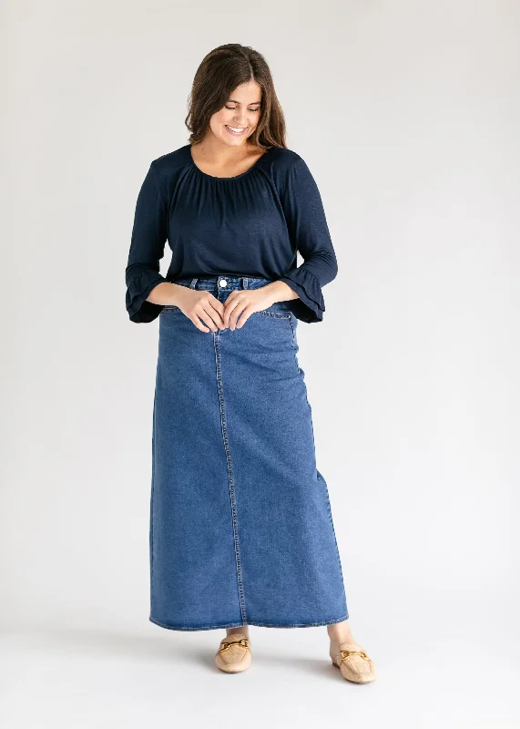 Denim skirts with leather jackets for an edgy outfitJoy A-Line Long Denim Skirt