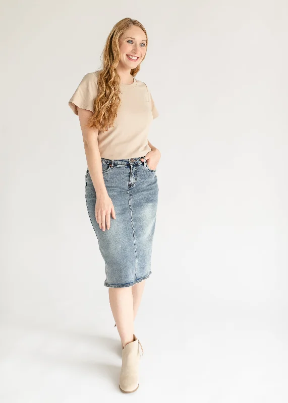 Denim skirts with fringe for a Western lookKaitty Vintage Wash Midi Skirt