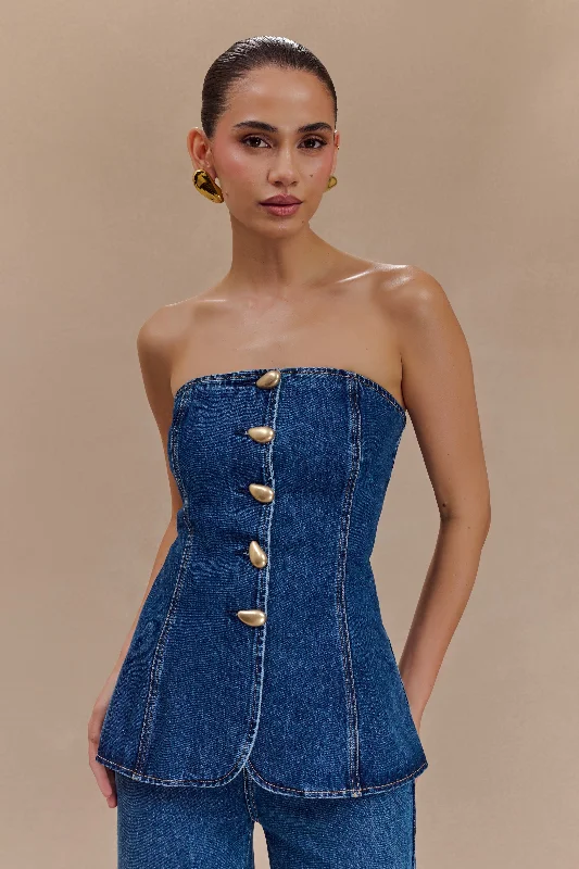 Ripped Denim Top for a Rebellious Fashion StatementLennox Strapless Long Line Button Top - Dark Blue