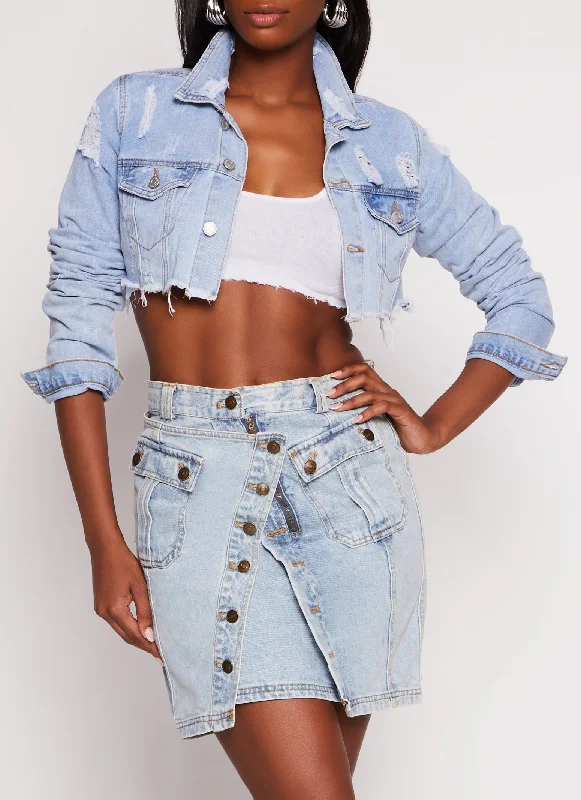 Denim Top with a Peplum Hem for a Flirty and Feminine LookAlmost Famous Distressed Hem Jean Jacket