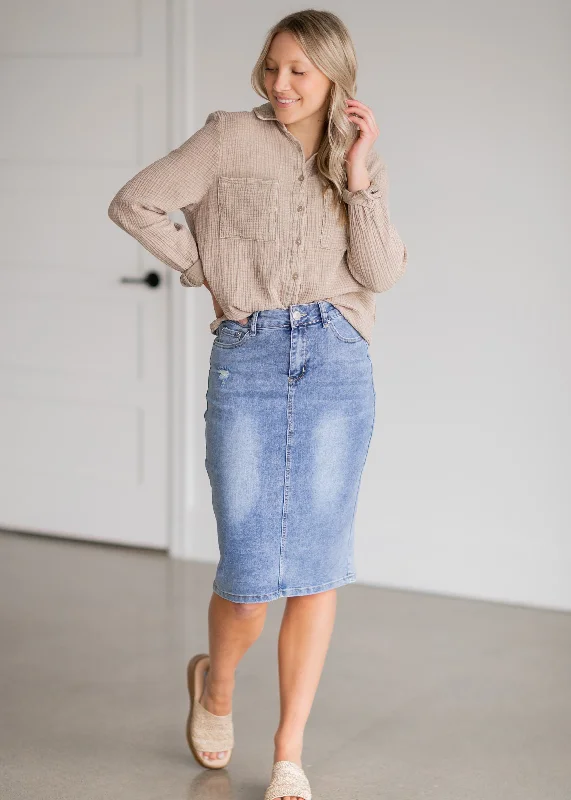 Denim skirts with patchwork detailsMaelia Distressed Light Wash Midi Skirt - FINAL SALE