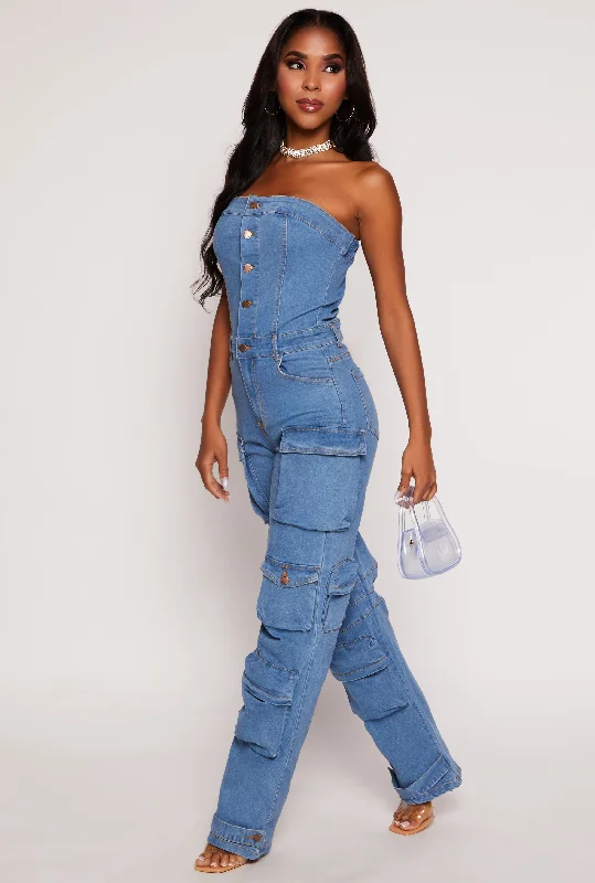 Washed - Out Denim Top for a Vintage AestheticDaisy Denim Strapless Button Front Cargo Jumpsuit