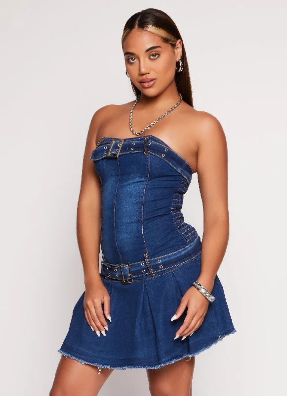 Denim Top with a Belted Waist for a Defined SilhouetteGrommet Belted Strapless Pleated Denim Dress
