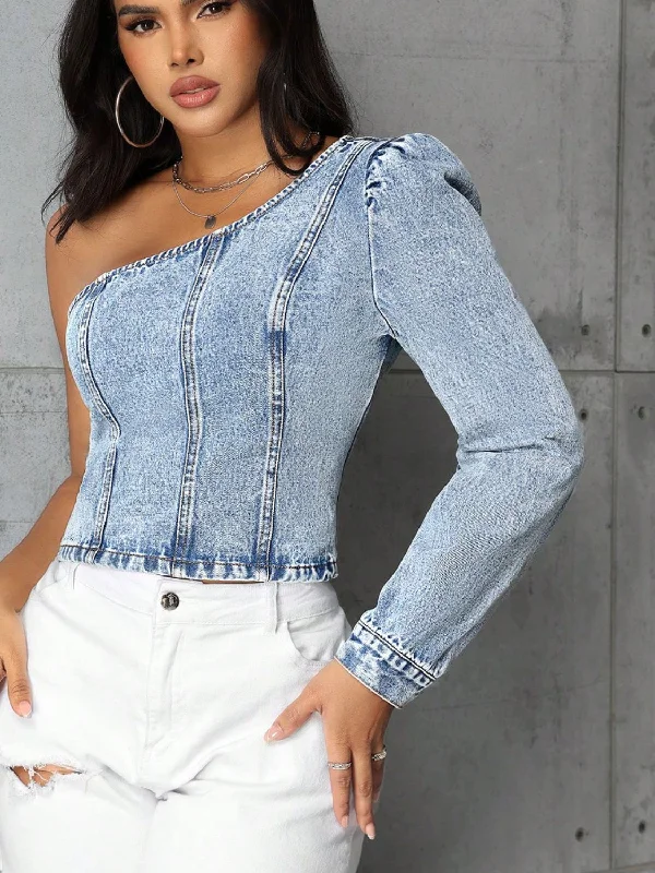 Plus - Size Denim Top for a Comfortable and Stylish FitOne Shoulder Long Sleeve Denim Top