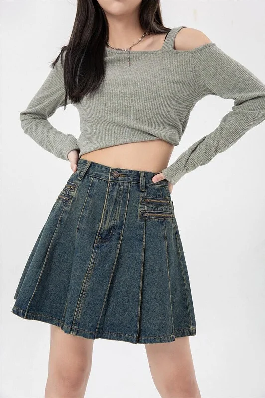 Denim skirts with patchwork detailsPleated Denim Mini Skirt