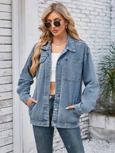 Distressed Denim Top for a Trendy and Edgy LookPocketd Button Up Detachable Hooded Denim Jacket