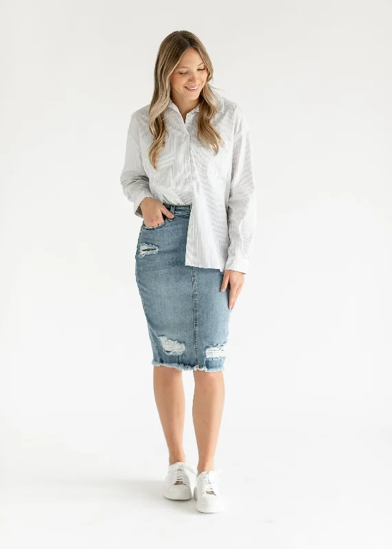Denim skirts with graphic tees for a fun outfitPresley Distressed Denim Midi Skirt