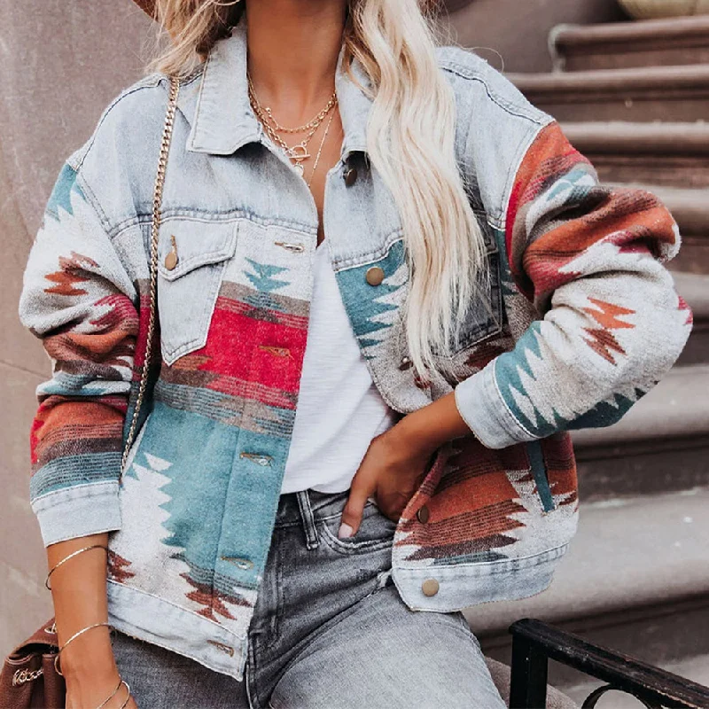 Cropped Denim Top to Pair with High - Waisted BottomsPrinted Button Down Denim Shacket