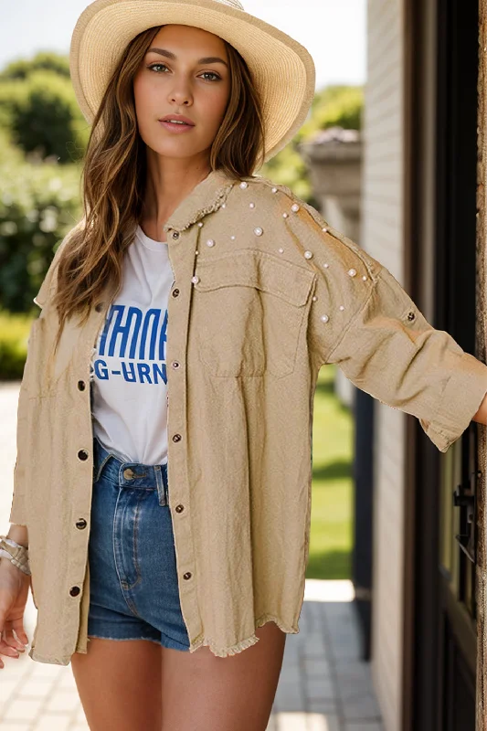 Denim Top with a Collared Neckline for a Preppy StyleRaw Hem Pearl Trim Dropped Shoulder Denim Jacket
