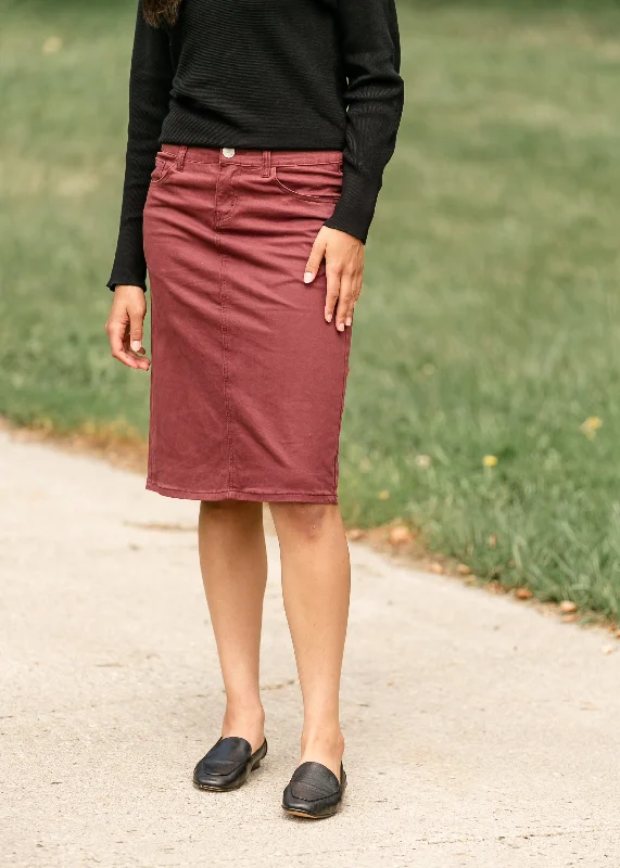 Denim skirts with boots for a stylish combinationRemi Burgundy Denim Midi Skirt