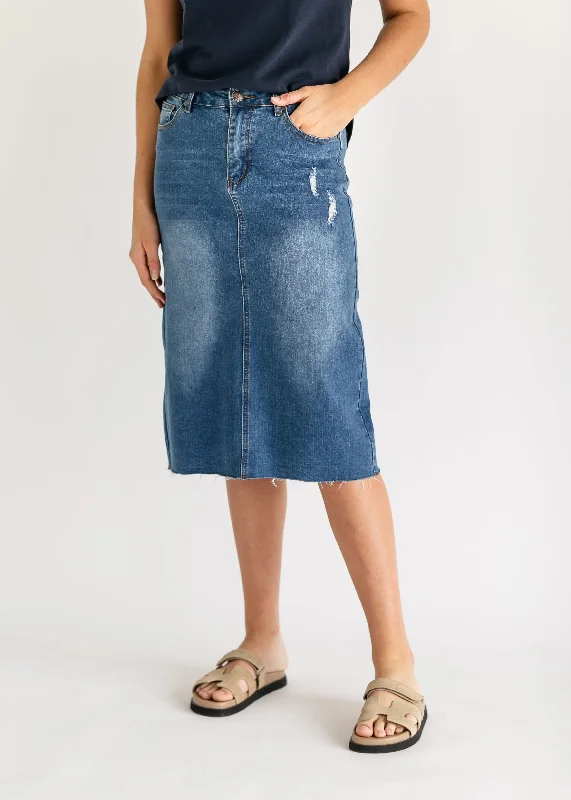 Blue denim skirts in various shadesRemi Raw Hem Medium Wash Midi Skirt - FINAL SALE