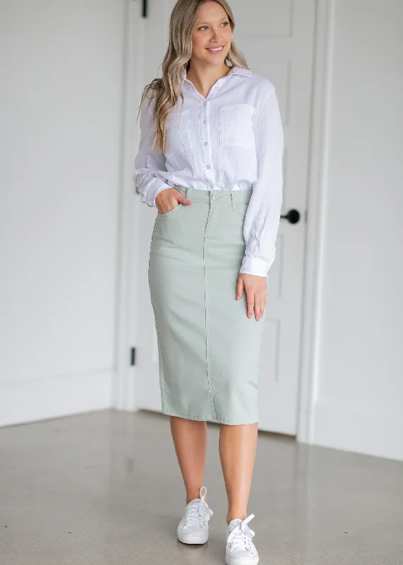 White denim skirts for a fresh and clean appearanceRemi Sage Denim Midi Skirt - FINAL SALE