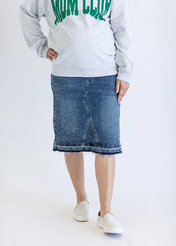 Ruffled denim skirts for added eleganceSophie Maternity Denim Midi Skirt - FINAL SALE