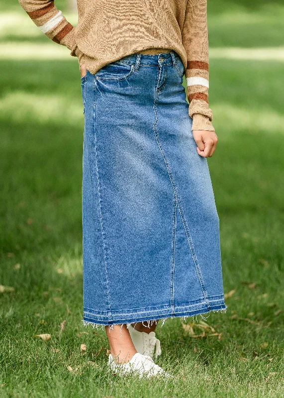 Denim skirts with crop tops for a trendy styleStacy Raw Hem Long Denim Skirt