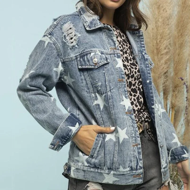 Embroidered Denim Top with Intricate PatternsStar Distressed Denim Shacket
