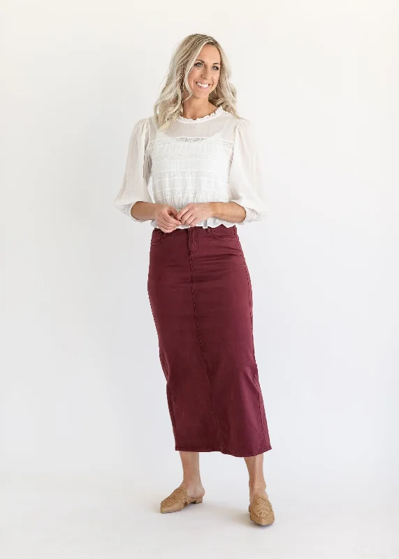 Denim skirts with pockets for functionalityStella Burgundy Denim Maxi Skirt