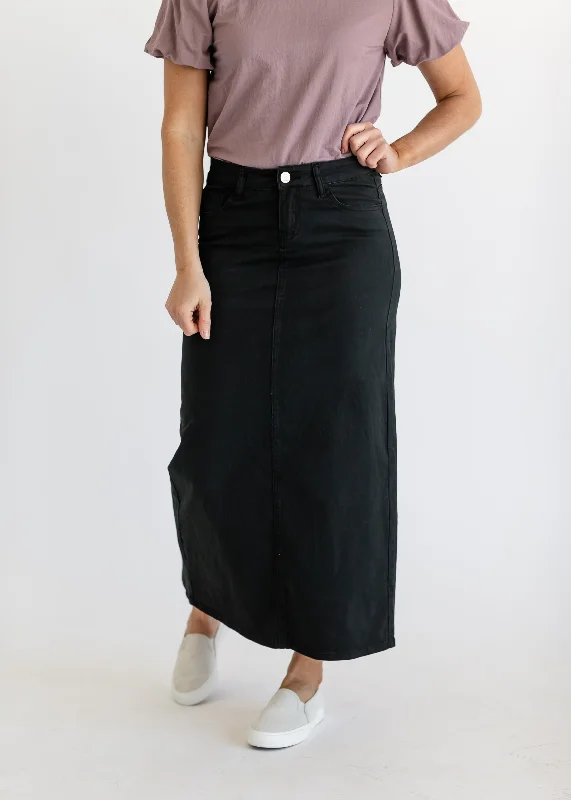 Button - front denim skirts for a traditional lookStella Jet Black Denim Maxi Skirt