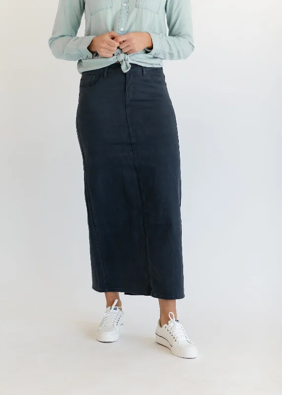 Denim skirts with fishnet tights for a bold and daring lookStella Navy Denim Maxi Skirt - FINAL SALE