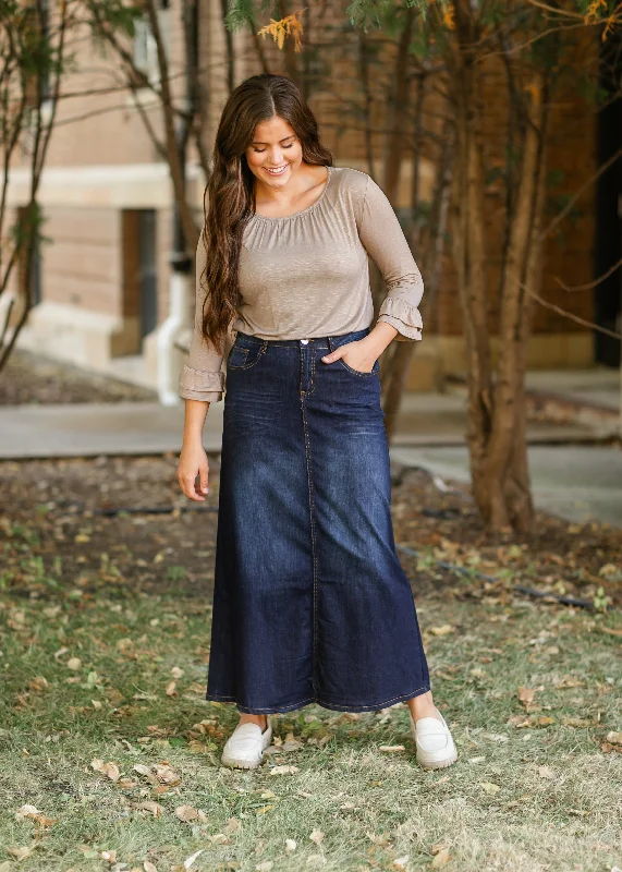 Denim skirts with sneakers for a sporty lookStretchy A-line Dark Wash Denim Skirt
