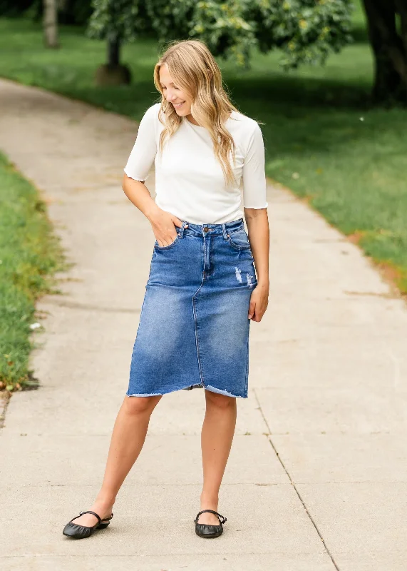 Denim skirts for women over 40 with classic stylesTiana Distressed Denim Midi Skirt