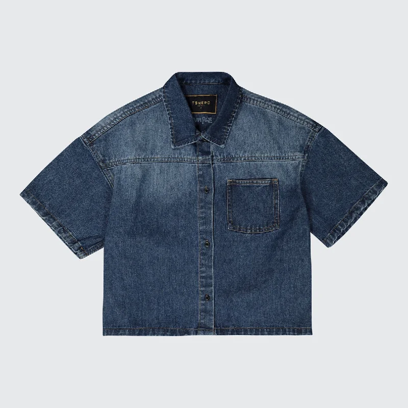 Long - Sleeve Denim Top for Cold Weather LayeringTSHEPO, LADIES CROPPED SHORT SLEEVE DENIM SHIRT, MID-BLUE