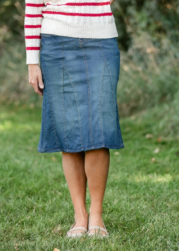 Denim skirts with leather jackets for an edgy outfitV-stitch Midi Denim Flare Skirt