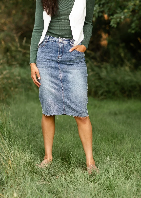 Denim skirts for beach vacations as a cover - upVeronica Medium Wash Midi Skirt - Final Sale