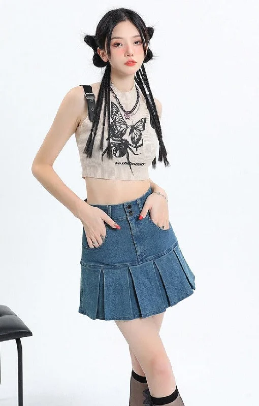 Zip - up denim skirts for easy wearY2K Pleated Jean Mini Skort