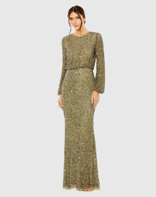 Maxi dresses with cold - shoulder cutouts for a trendy lookHigh Neck Long Sleeve Beaded Blouson Gown Maxi dresses with cold - shoulder cutouts for a trendy lookHigh Neck Long Sleeve Beaded Blouson Gown