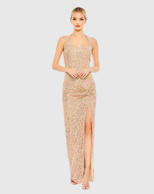 Linen maxi dresses for a breathable and lightweight summer optionSequined Halter Strap Low Side Knot Gown