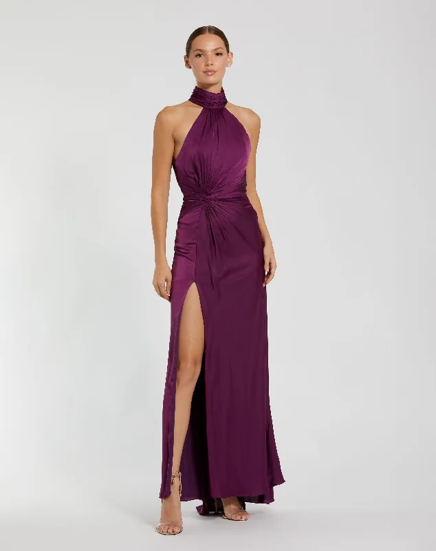 Cotton maxi dresses for a comfortable and everyday - wear optionDark Purple Open Back High Neck Side Ruched Gown