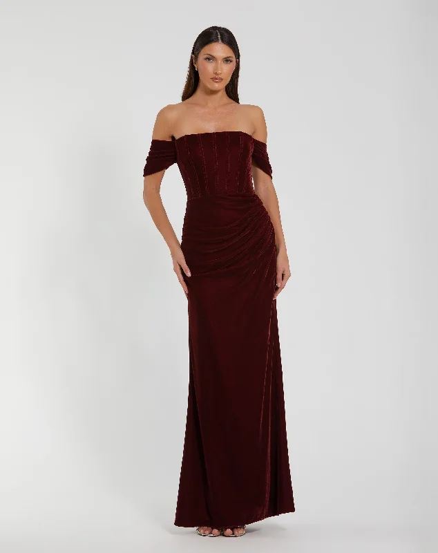 Sequined maxi dresses for formal evening galasOff-the-Shoulder Velvet Bustier Gown