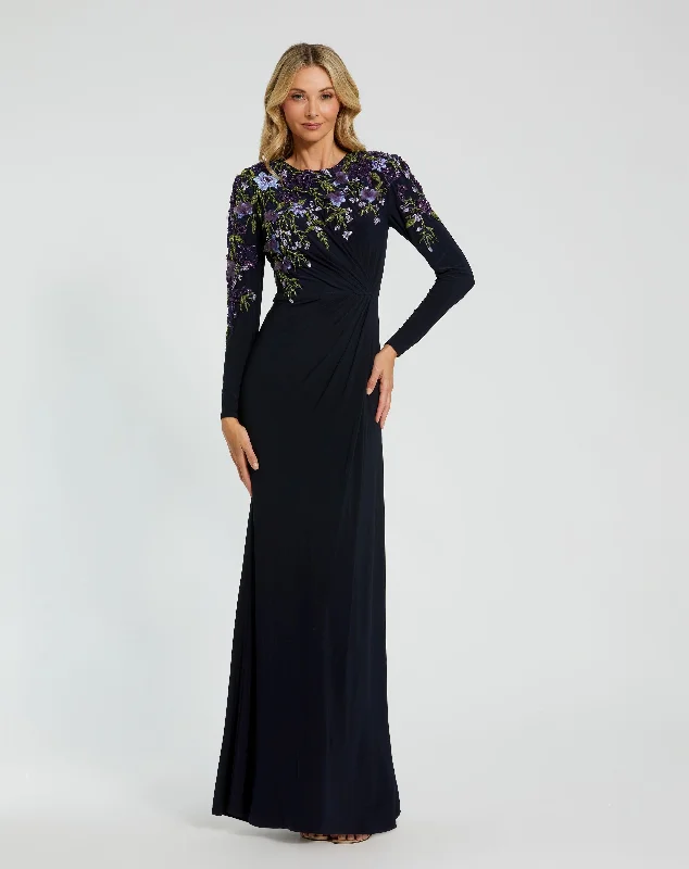 Maxi dresses with side slits for a touch of allureEmbellished Long Sleeve Fitted Jersey Gown