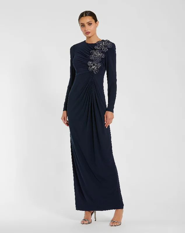 Maxi dresses with thin spaghetti straps for a delicate and feminine feelJersey Long Sleeve Fitted Gown With 3D Flowers