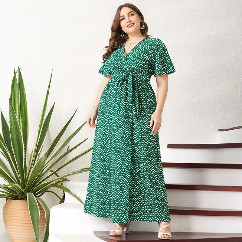 Strapless maxi dresses for a beachside vacationFashionSierra - Summer Maxi Dress Women Green Floral Sashes Front Belted Split Flared Short Sleeve V-neck Boho Holiday Robes