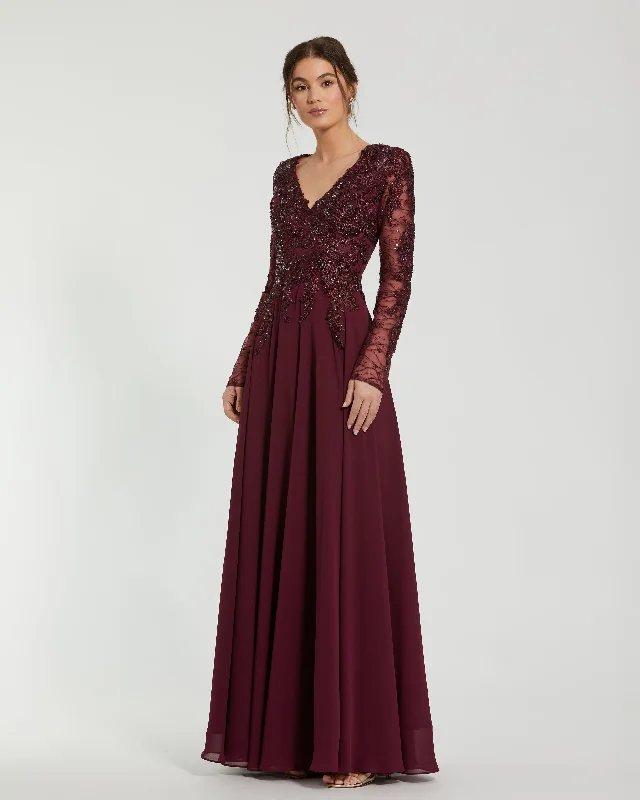 Maxi dresses with polka dot prints for a playful styleRed Embellished Illusion V Neck Long Sleeve Gown Maxi dresses with polka dot prints for a playful styleRed Embellished Illusion V Neck Long Sleeve Gown