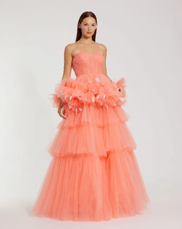 Sheer maxi dresses with lace overlays for a romantic touchStrapless Tulle Gown with Feather Detail Sheer maxi dresses with lace overlays for a romantic touchStrapless Tulle Gown with Feather Detail