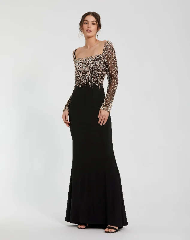 Maxi dresses with embroidered floral motifs for a unique designBeaded Square Neck Long Sleeve Jersey Gown